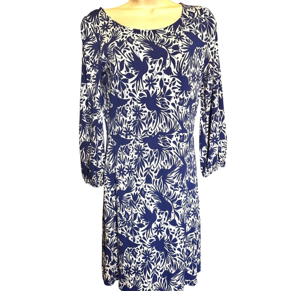 Boden Dress Blue White Bird Floral Print Otomi Style Sz US 6R UK 10R Tropical